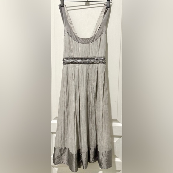 Shoshanna Sleeveless Gauzy Textured Silk Dove Gray Mini Dress Embellished Waist - Picture 2 of 9